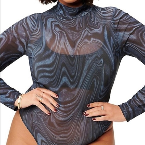 Good American sheer mesh mock neck bodysuit in blue abstract print size 5. 2XL - Picture 1 of 8
